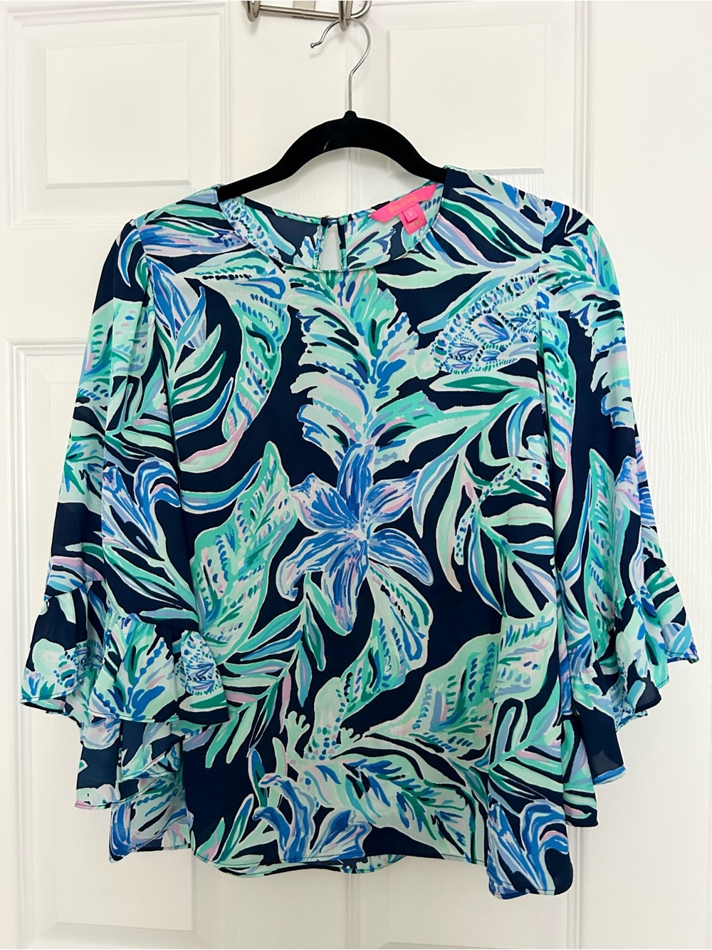 Lily Pulitzer Tropical Navy Floral Blouse - Blue & Mint Leaf Print